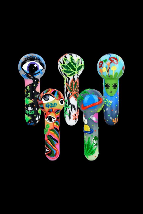 420 Painted Glow In The Dark Glass Hand Pipe - 6ct Bundle Supply